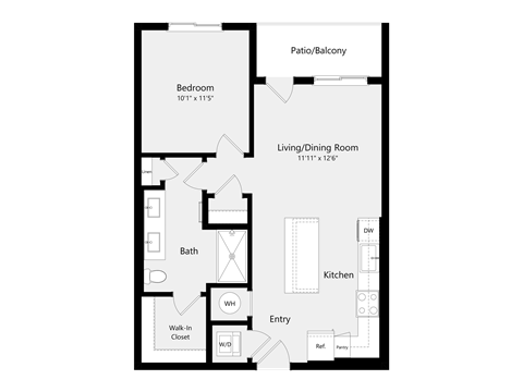 Floor plan for 1 bed, 1 bath, 675 sqft